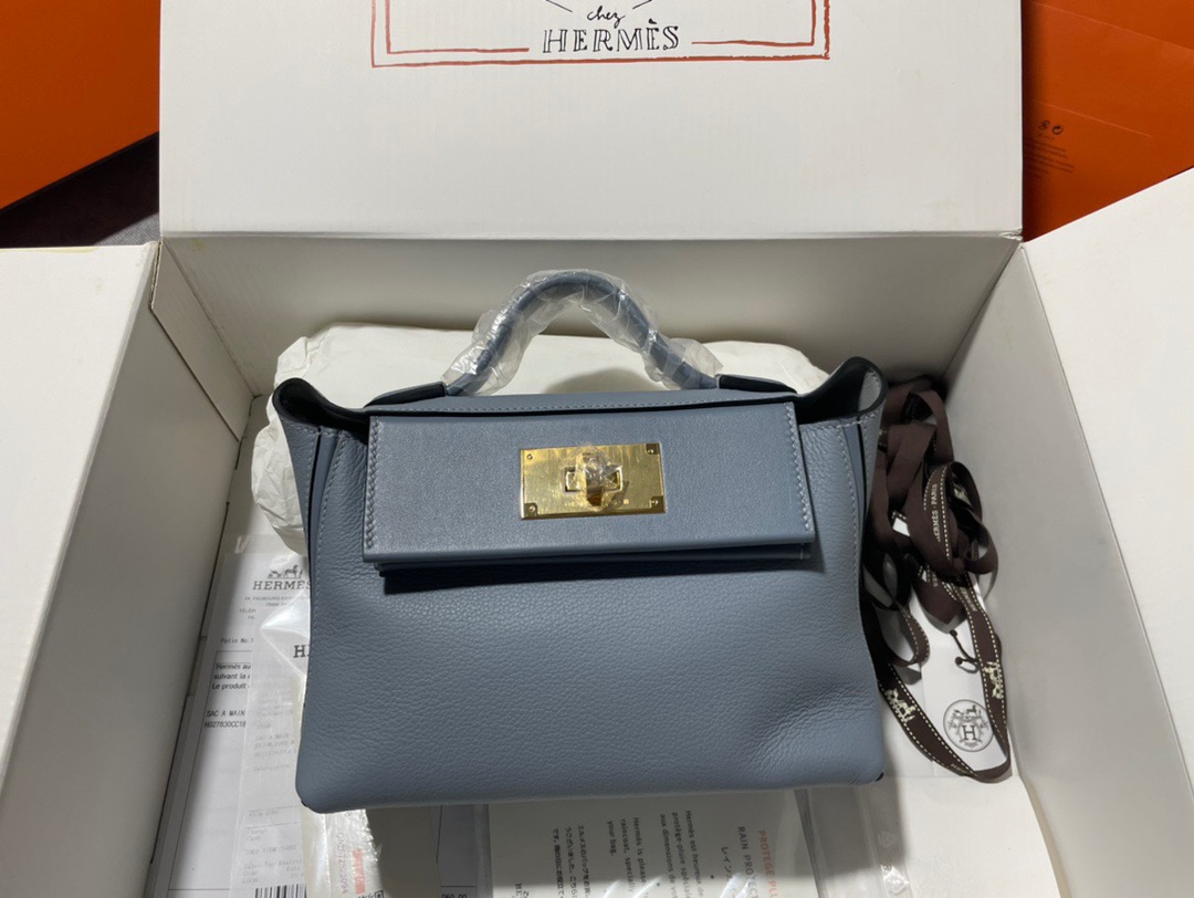 Hermes Kelly 2424 29cm Handbag in Blue Lin Clemence Leather 